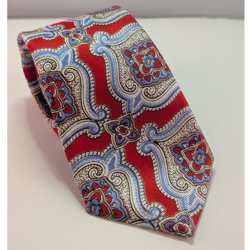 Hardy Amies London Mens Silk Tie Red Blue Paisley Medallion Pattern Necktie